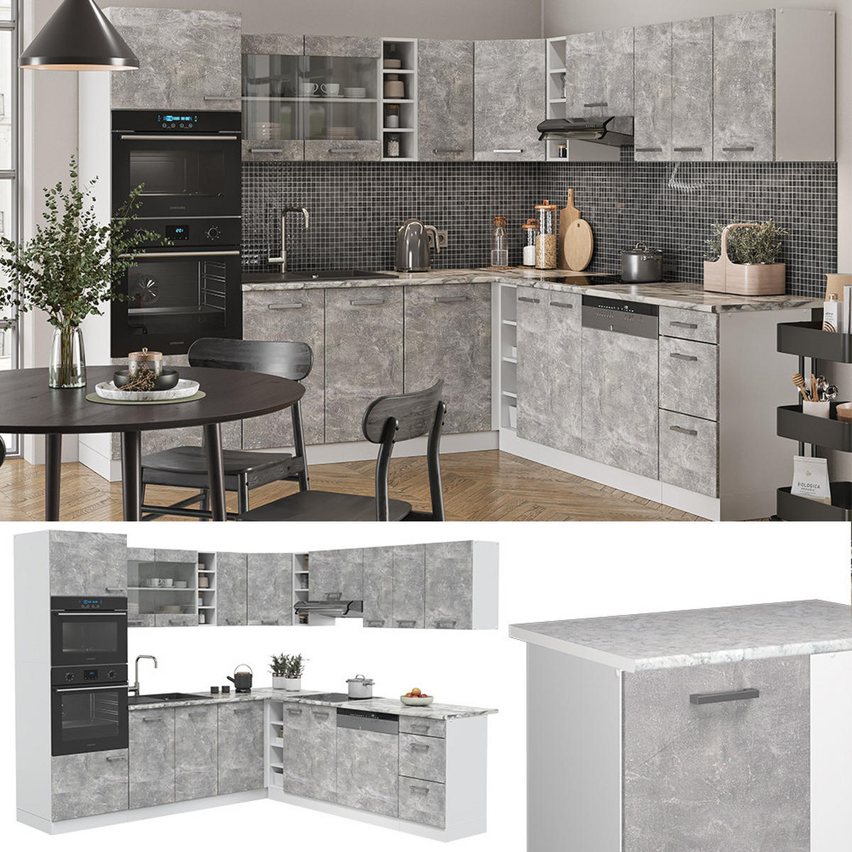 ECKKÜCHE R-Line Beton/Weiß 237 x 247 cm, AP Anthrazit - Schieferfarben/Weiß, Holzwerkstoff (247/81.6/60cm) - Vicco