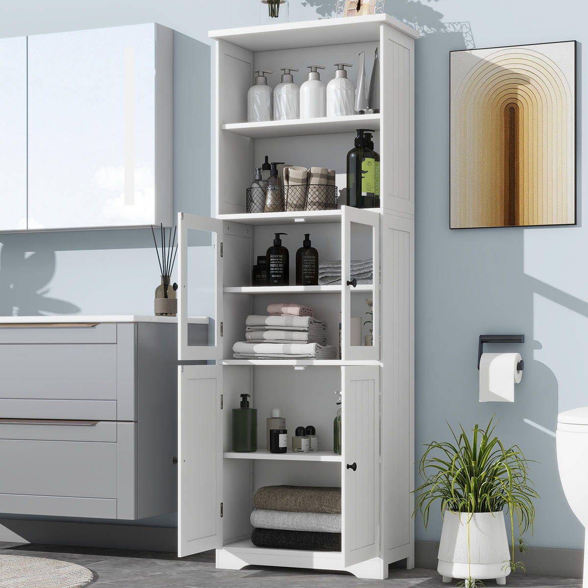 BADEZIMMER-HOCHSCHRANK 57.4x28.5x160cm in Weiß, feuchtigkeitsbeständig mit 4 Türen - Weiß, Holzwerkstoff (57.4/160/28.5cm) - Modfu