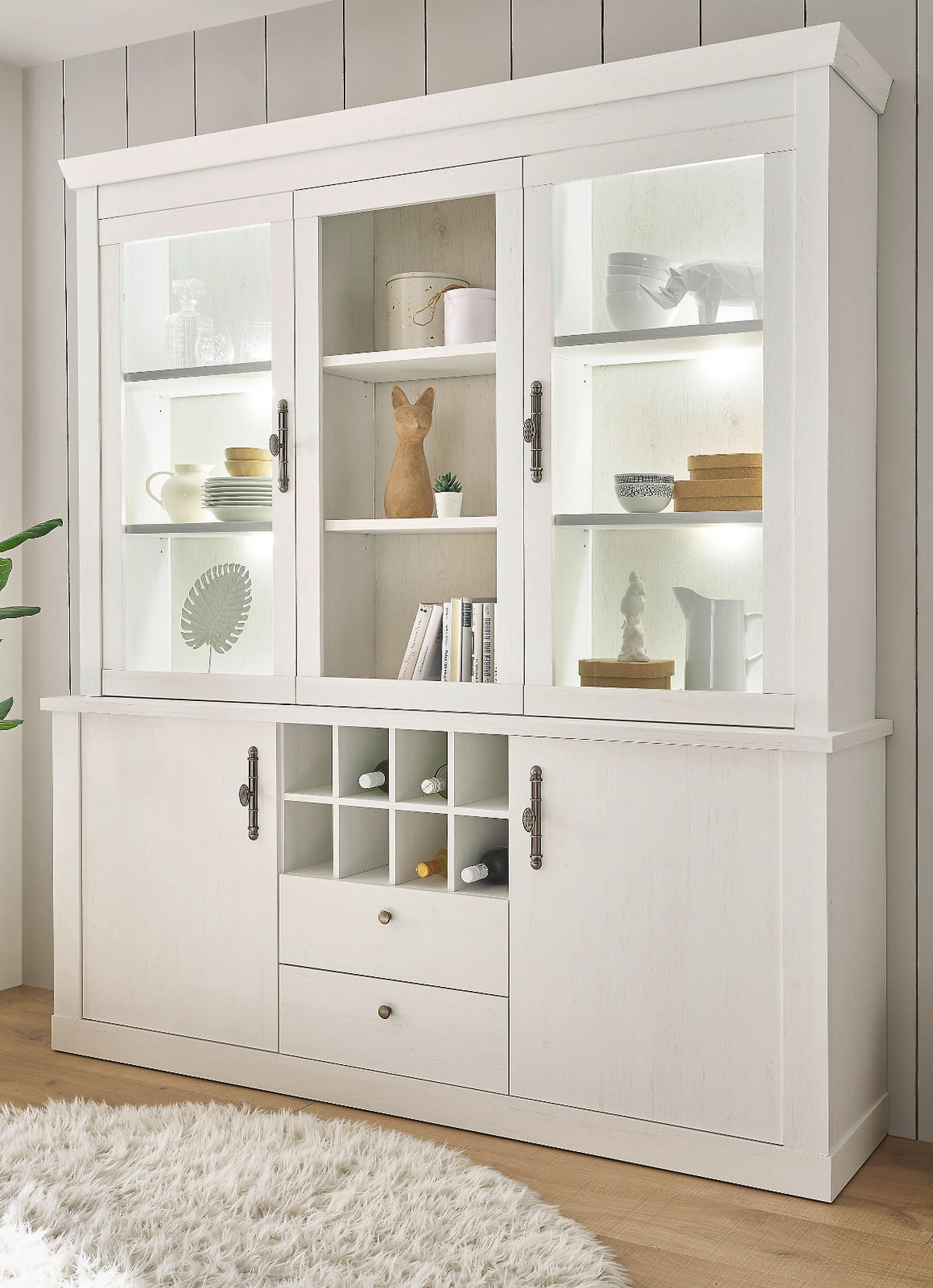 BUFFET weiß Pinie Landhaus, Buffetschrank mit Soft-Close und Beleuchtung - Weiß, Holzwerkstoff/Kunststoff (184/205/44cm) - Furn.Design
