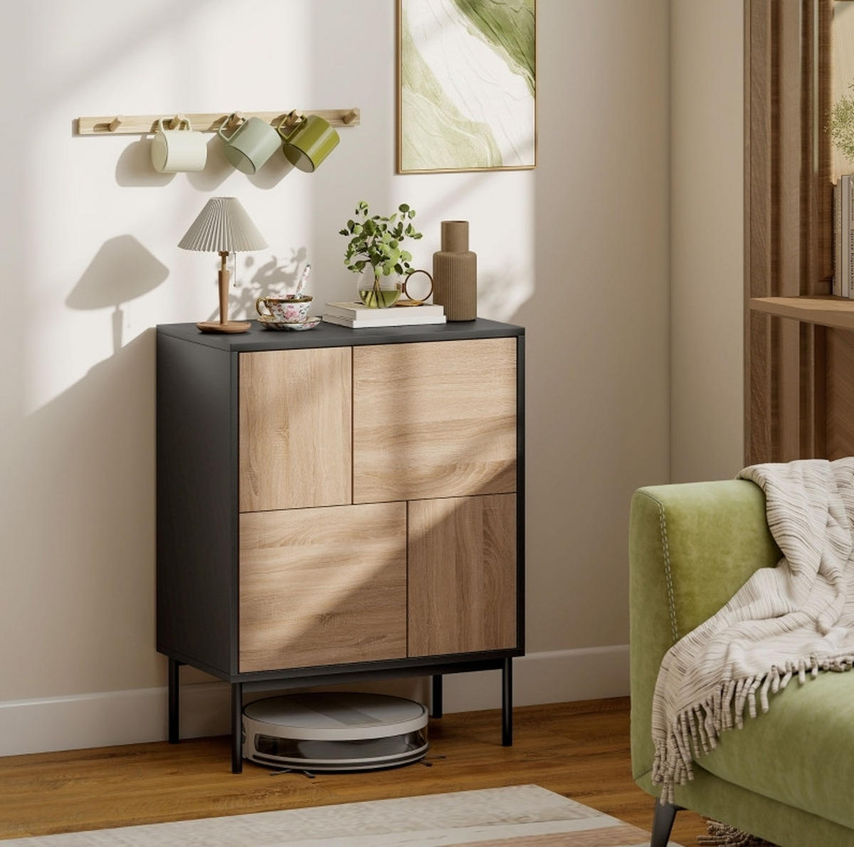 SIDEBOARD aus MDF und Metall 60x35x78 cmSchwarz mit Push-to-open-Funktion und 4 geschlossenen Fächern - Schwarz, Holzwerkstoff (60/78/35cm) - Modfu
