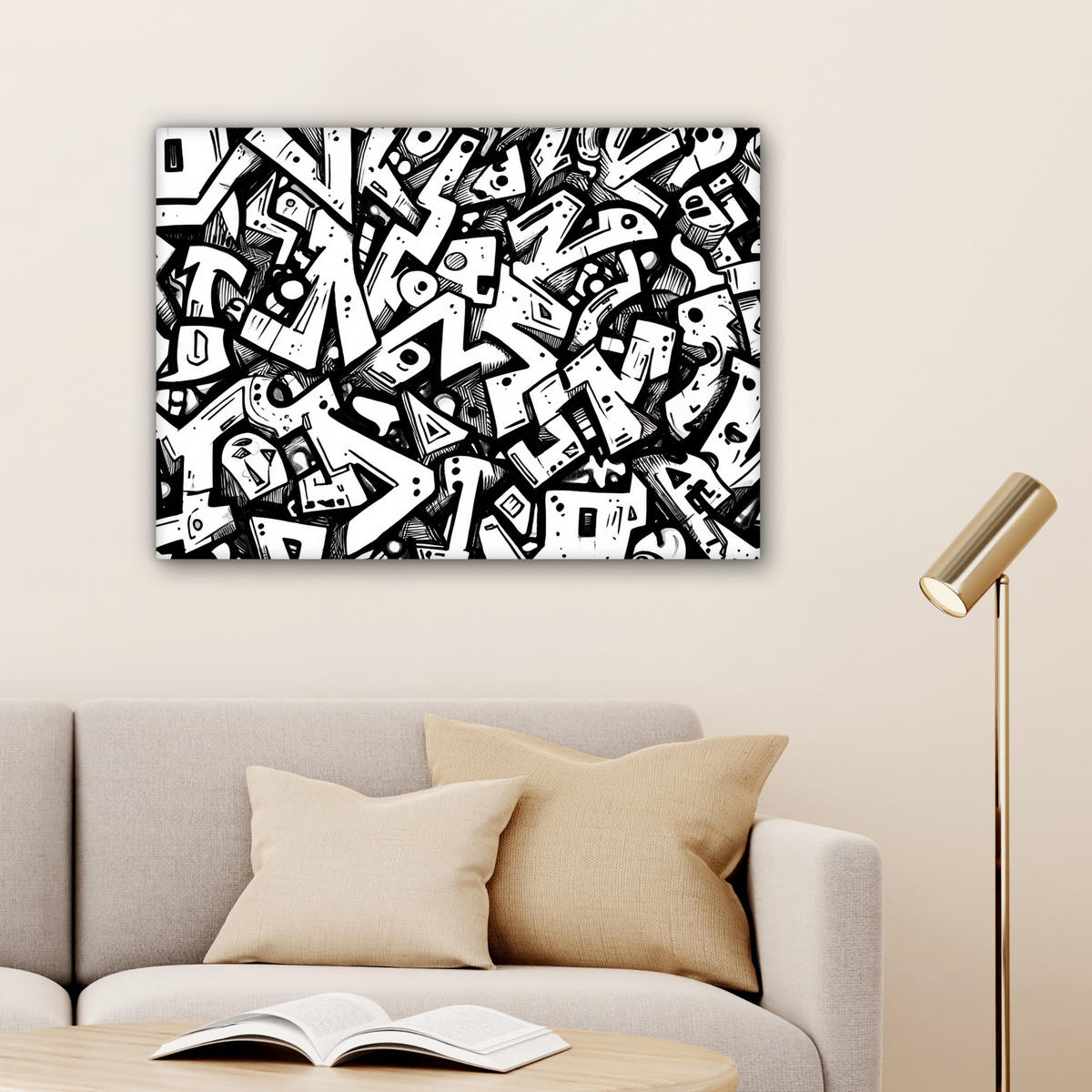 LEINWANDBILD Formen - Buchstaben - Graffiti - Schwarz Wandbilder 80x60 cm - Schwarz, Textil (80/60cm) - MuchoWow