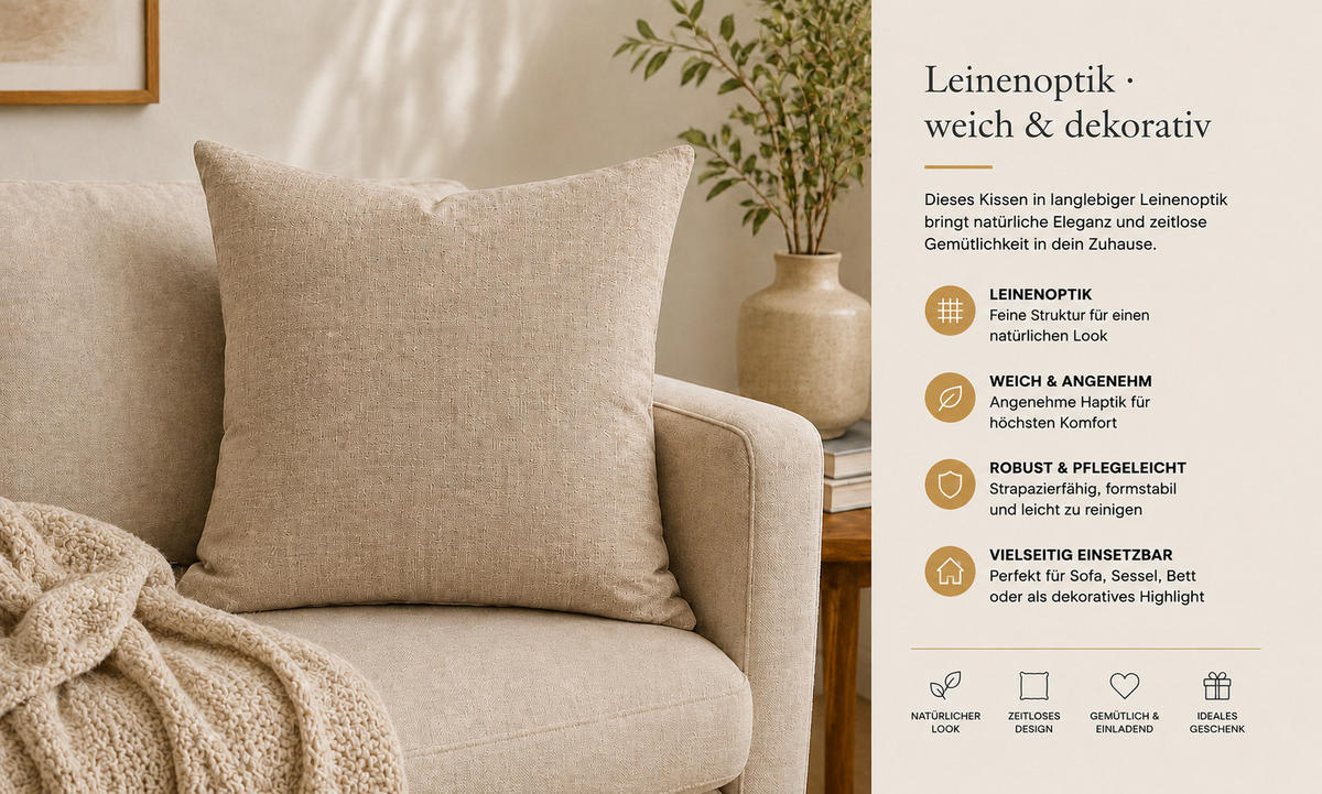 KISSENBEZUG Leinenoptik 40/40 cm Beige Natur - Beige, Textil (40/40cm) - TiborTex