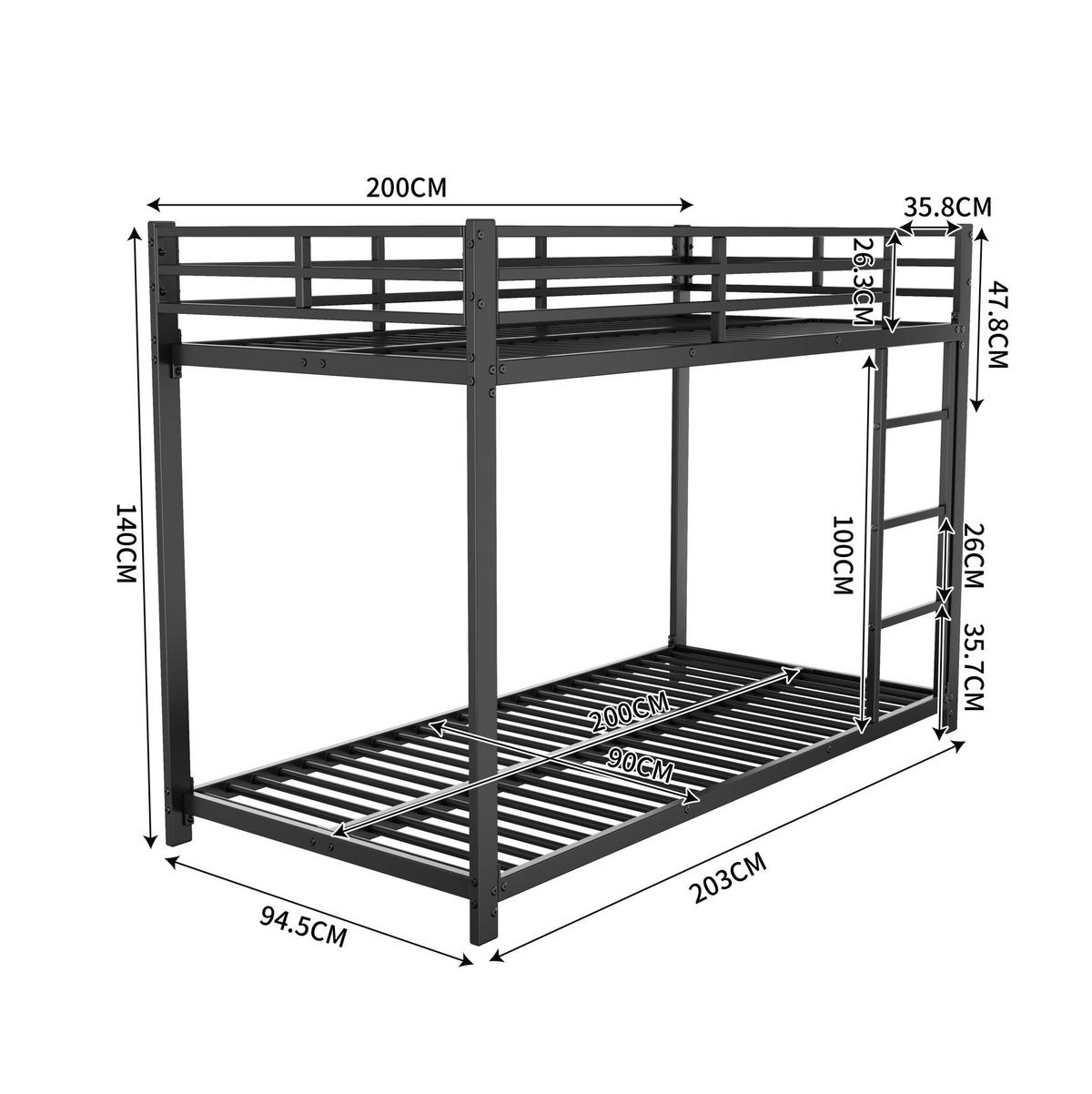 ETAGENBETT 90/200 cm aus Metall in Schwarz – platzsparend und stabil - Schwarz, Metall (90/200cm) - BEAOK