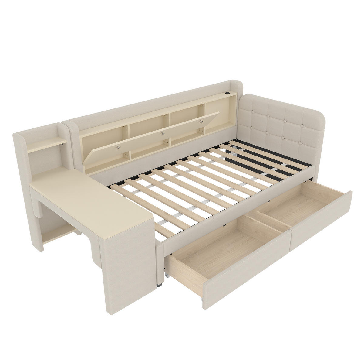 POLSTERBETT 90/200 cm mit Schreibtisch, 2 Schubladen, USB- und Typ-C-Anschluss, Leinenbezug, Beige - Beige, Textil (90/200cm) - Redom