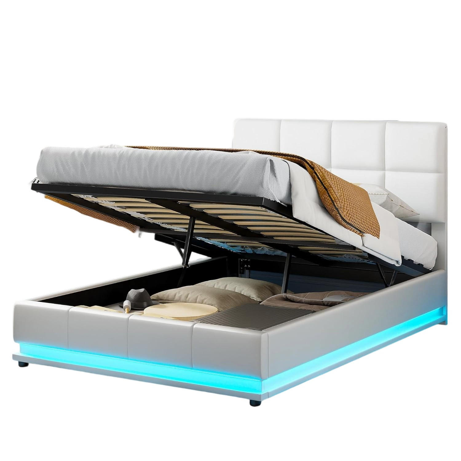 POLSTERBETT 140x190 Cm Weiß Mit LED, Hydraulik & Stauraum Lattenrost - Weiß, Holz (140/190cm)