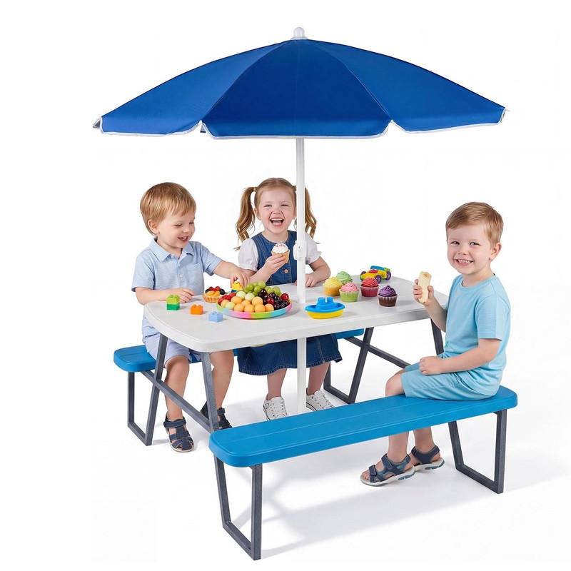 KINDERSITZGARNITUR mit Sonnenschirm blau - Blau, Kunststoff - COSTWAY