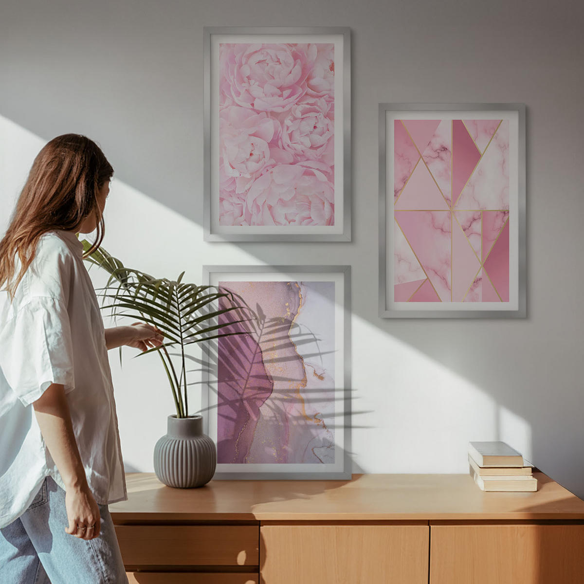 BILDER SET 3er Set - 40x60 cm Silberner Rahmen - Rosa geometrische Pfingstrosen - Silberfarben, Kunststoff (40/60cm) - TULUP