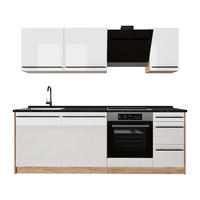 KÜCHENZEILE R-Line, Weiß Hochglanz/Goldkraft Eiche, 220 cm Arbeitsplatte Anthrazit - Honigeiche/Weiß Hochglanz, Holzwerkstoff (220/81.6/60cm) - Vicco