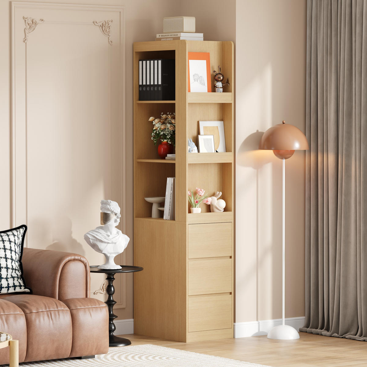 BÜCHERREGAL 60cm 200cm hoch Schubladen Anti-Kipp modern - Eichefarben, Holzwerkstoff (60/200/40cm) - FLIEKS