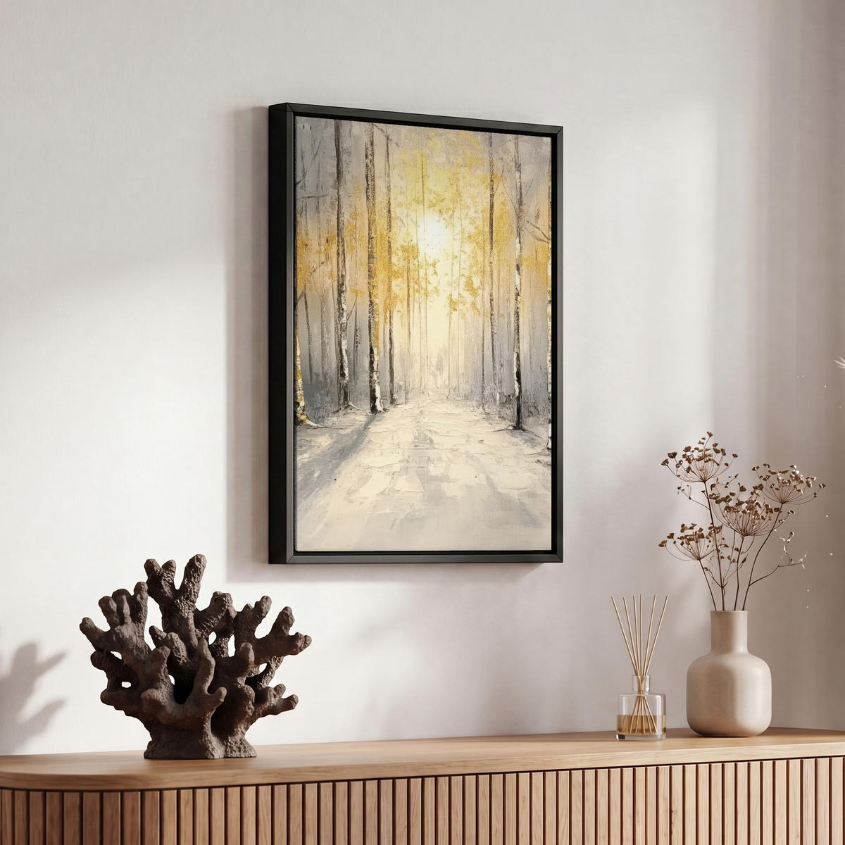 LEINWAND Bilder mit Rahmen - Winter - Abstrakt - Schnee - Natur - Sonne - 20x30 - Grau, Textil (20/30cm) - MuchoWow