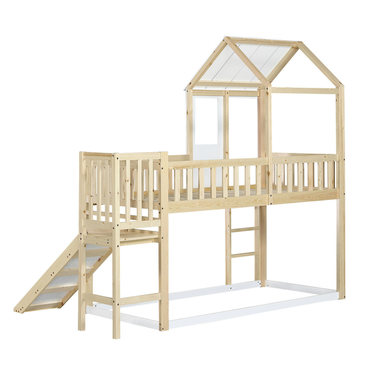 ETAGENBETT 90/200 cm in Natur & Weiß Hausbett mit Rutsche, Dach, Fenster und Leiter - Weiß/Naturfarben, Holzwerkstoff (90/200cm) - STILVORA