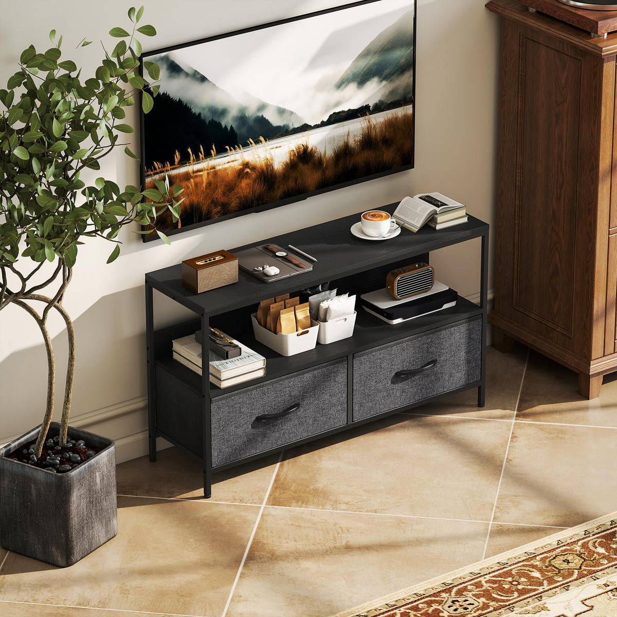 TV-LOWBOARD Dunkelgrau 98/29/56 cm, 2 faltbare Schubladen, Metallgestell - Dunkelgrau, Metall (98/56/29cm) - PANGIVO