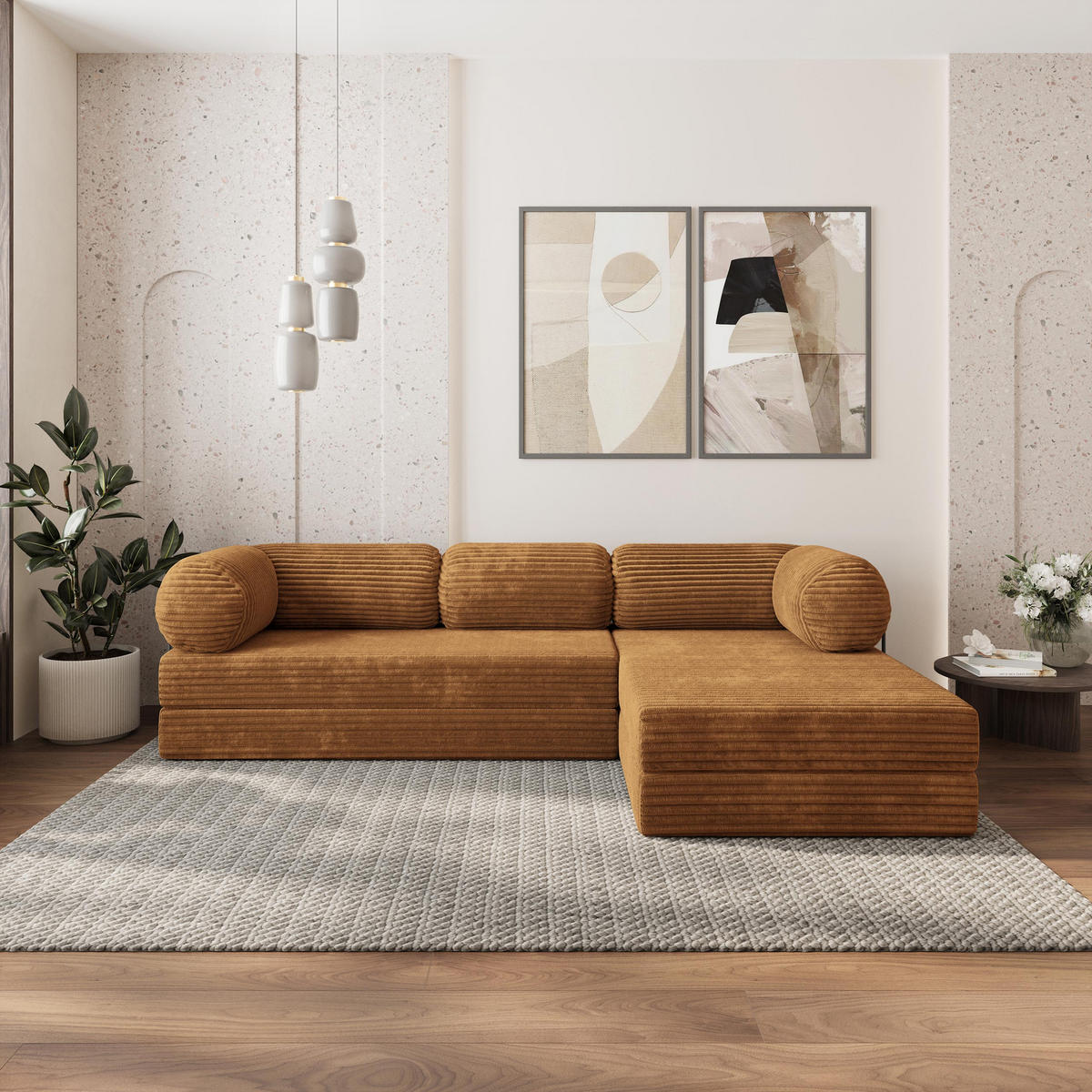 ROHOVÁ SEDAČKA ETERA modulární Boneless pohovka s funkcí spaní, měděná TILIA 56 - pomerančová, textil (270/160cm) - MASSENO