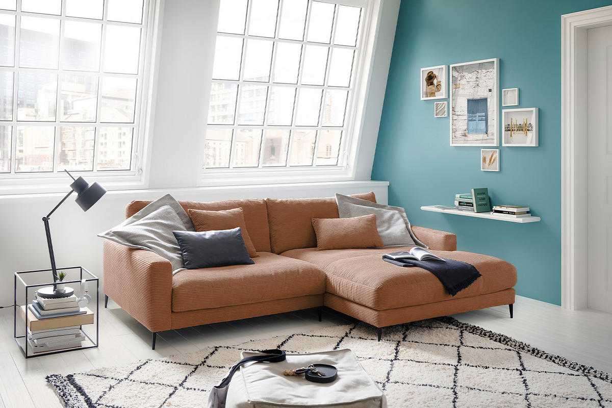 ECKSOFA CARA Braun Cord - Dunkelbraun/Schwarz, Textil/Metall (272/190cm) - KAWOLA