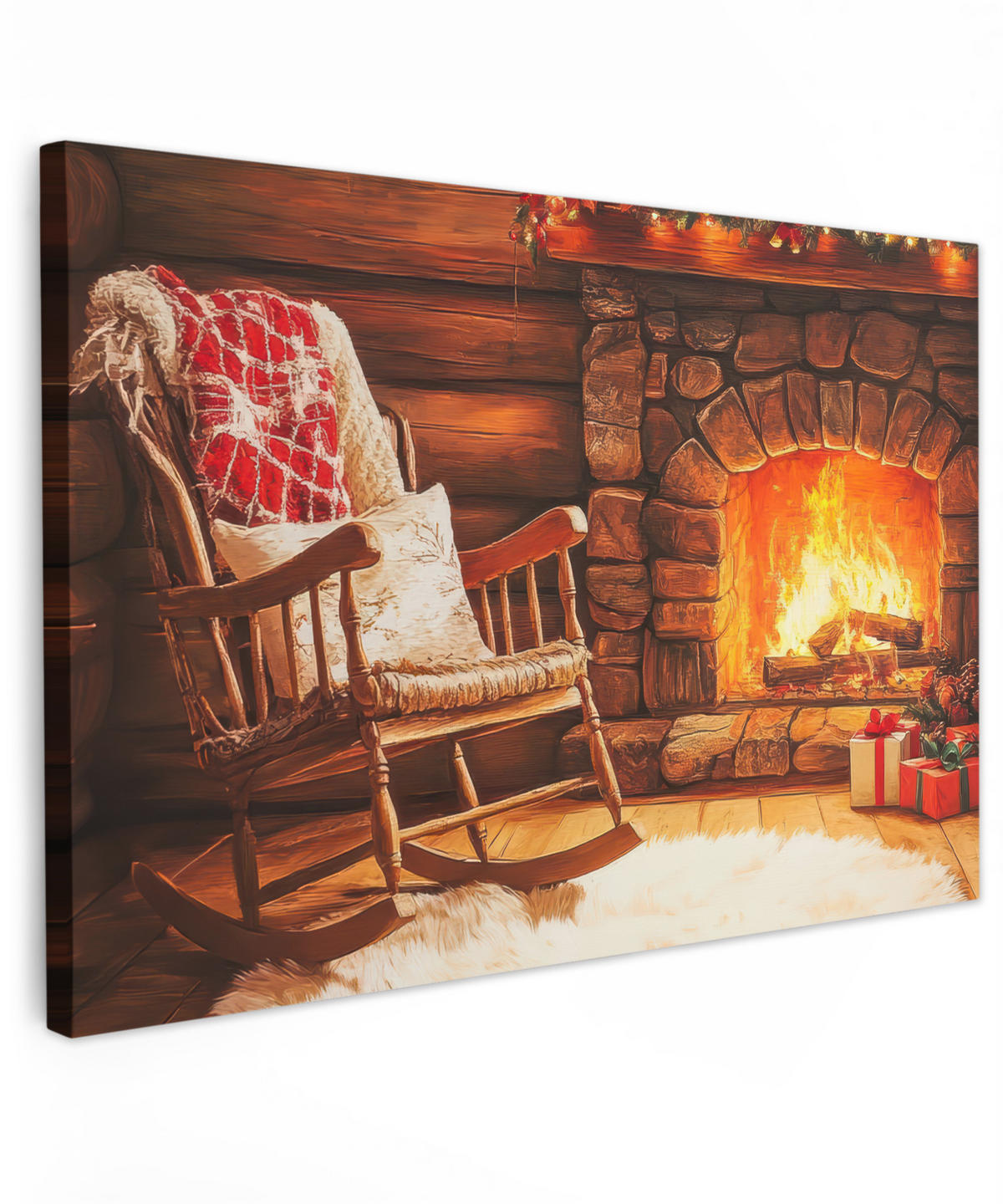 LEINWANDBILD Winter - Weihnachten - Zuhause - Kamin XXL 150x100 cm - Bernsteinfarben, Textil (150/100cm) - MuchoWow