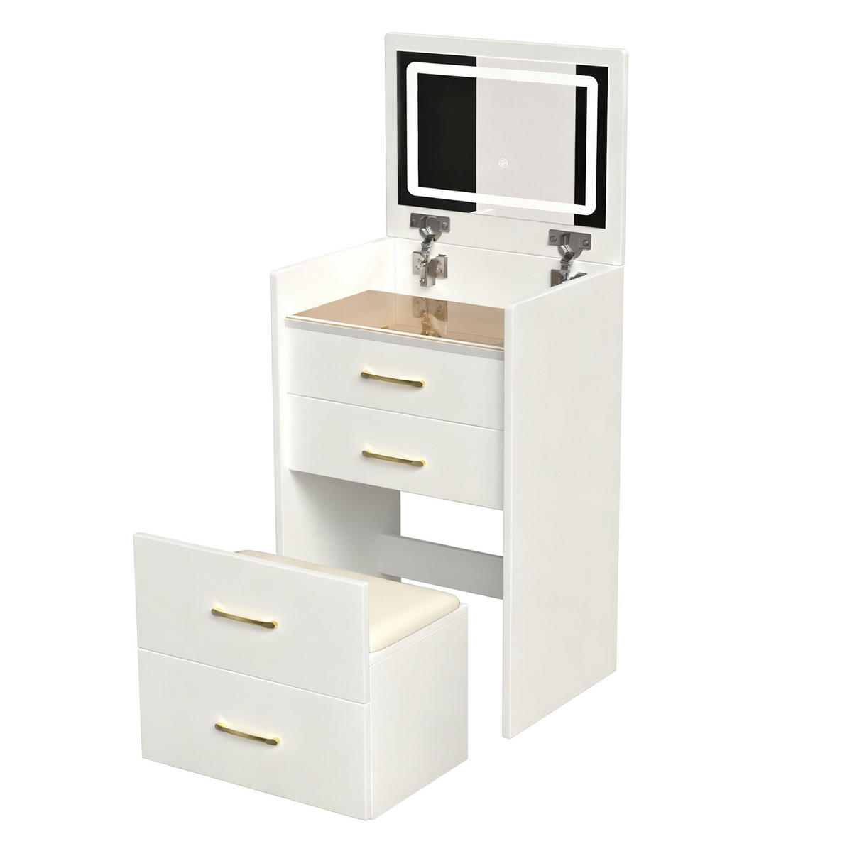 SCHMINKTISCH aus MDF 60x40x118 cm Weiß mit klappbarem Spiegel, Glasplatte und Hocker mit Stauraum - Weiß, Holzwerkstoff (60/118/40cm) - Modfu