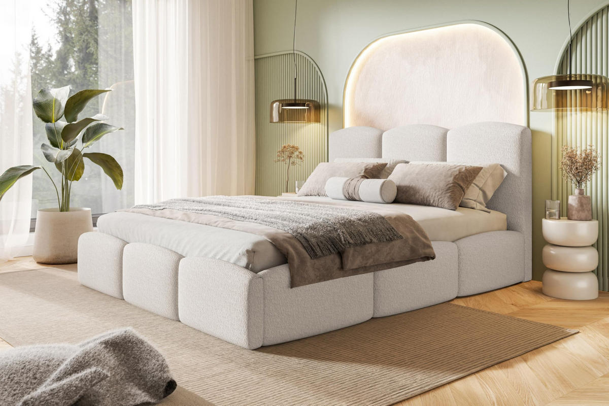 BETT 90x200 - Polsterbett mit Bettkasten und Holzrahmen - Modern Betten - Kuscheliger Catch-Me-Stoff - Kollektion Zoya - Weiß - Weiß, Holz/Textil (90/200cm) - Alpi-Möbel