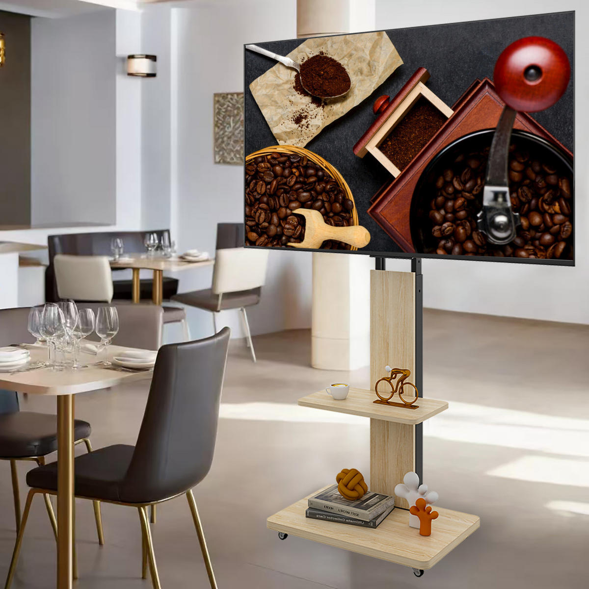 TV-STÄNDER 60/40 cm höhenverstellbar mit schwenkbarer Halterung, Rollen und Ablagen aus MDF und Metall, Natur - Hellbraun, Holzwerkstoff (60/150/40cm) - Redom