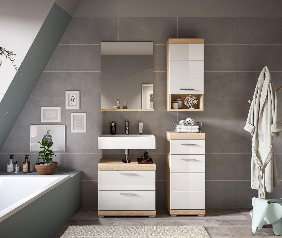 BADKOMBINATION 4tlg. Lambada Bad in Sonoma Eiche hell und weiß hochglanz B/H/T: 112x191x34 cm - Sonoma Eiche, Holz (112/191/37cm)