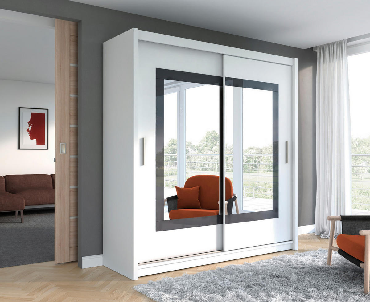 SCHWEBETÜRENSCHRANK KENNEN 203/215/61 cm 2-türig mit Spiegel Weiß - Weiß, Holzwerkstoff (203/215/61cm) - MASSENO