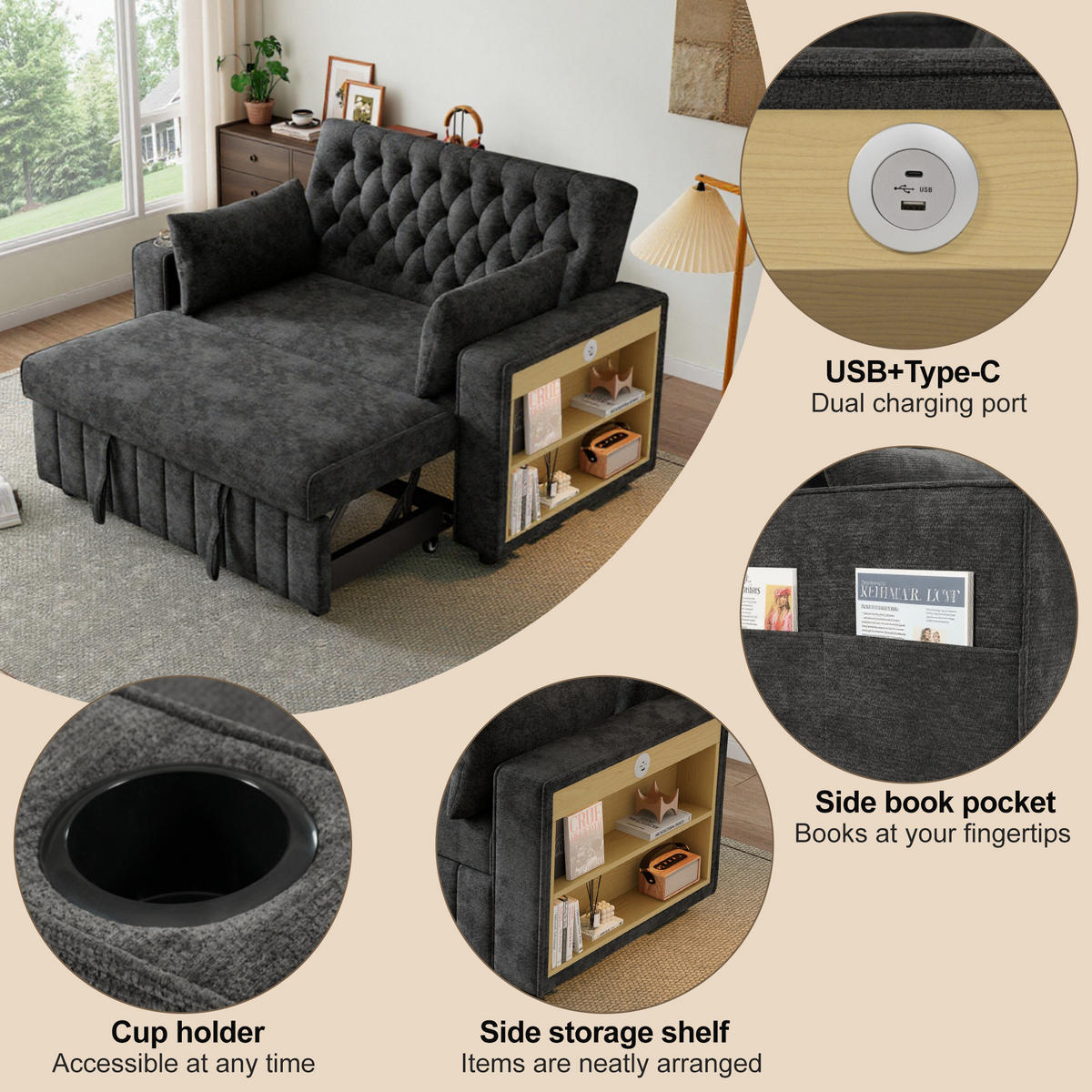 SCHLAFSOFA mit Stauraum, Getränkehalter, USB und Kissen, Grau - Grau, Textil (140/84/137cm)