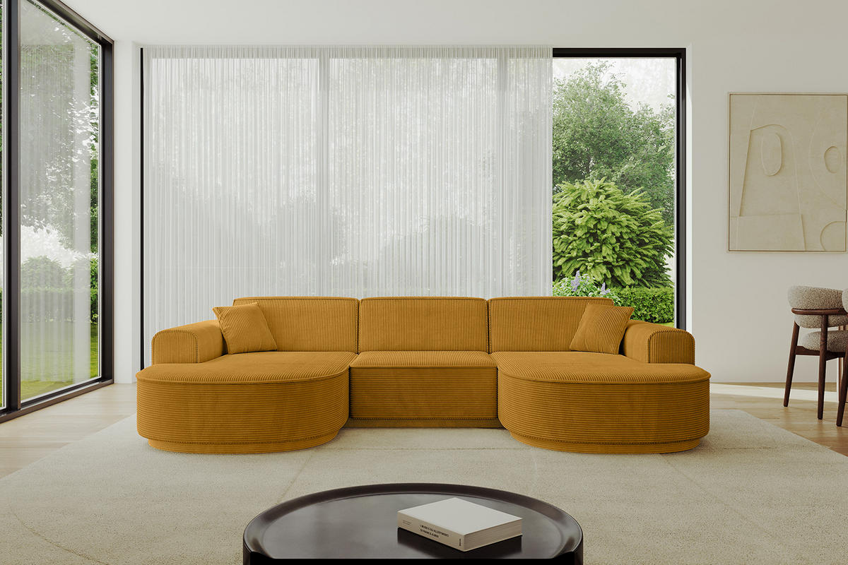 WOHNLANDSCHAFT MARI-U1 - 295x163x81 cm Senfgelb Cord - Gelb/Schwarz, Holzwerkstoff/Kunststoff (295/81/163cm) - ALTDECOR