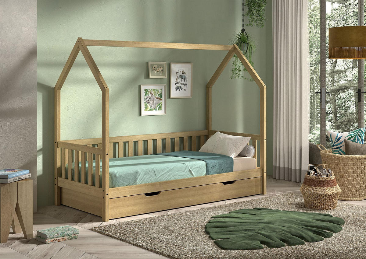 HAUSBETT Kandace 90x200 Eiche massiv natur mit Dachaufbau & Schublade - Eichefarben, Holz (90/200cm) - 58aufmkessel