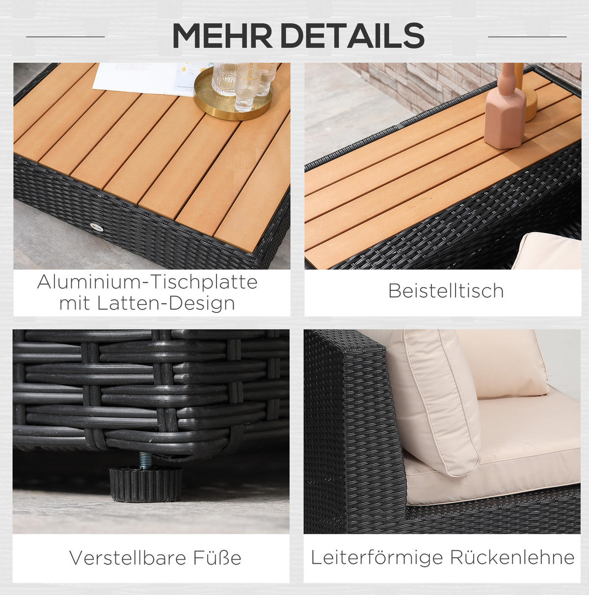 GARTEN-LOUNGE-SET 165/84/73 cm mit Ablagen, Beistelltisch und Sitzkissen aus Polyester, Schwarz - Schwarz, Kunststoff - Redom