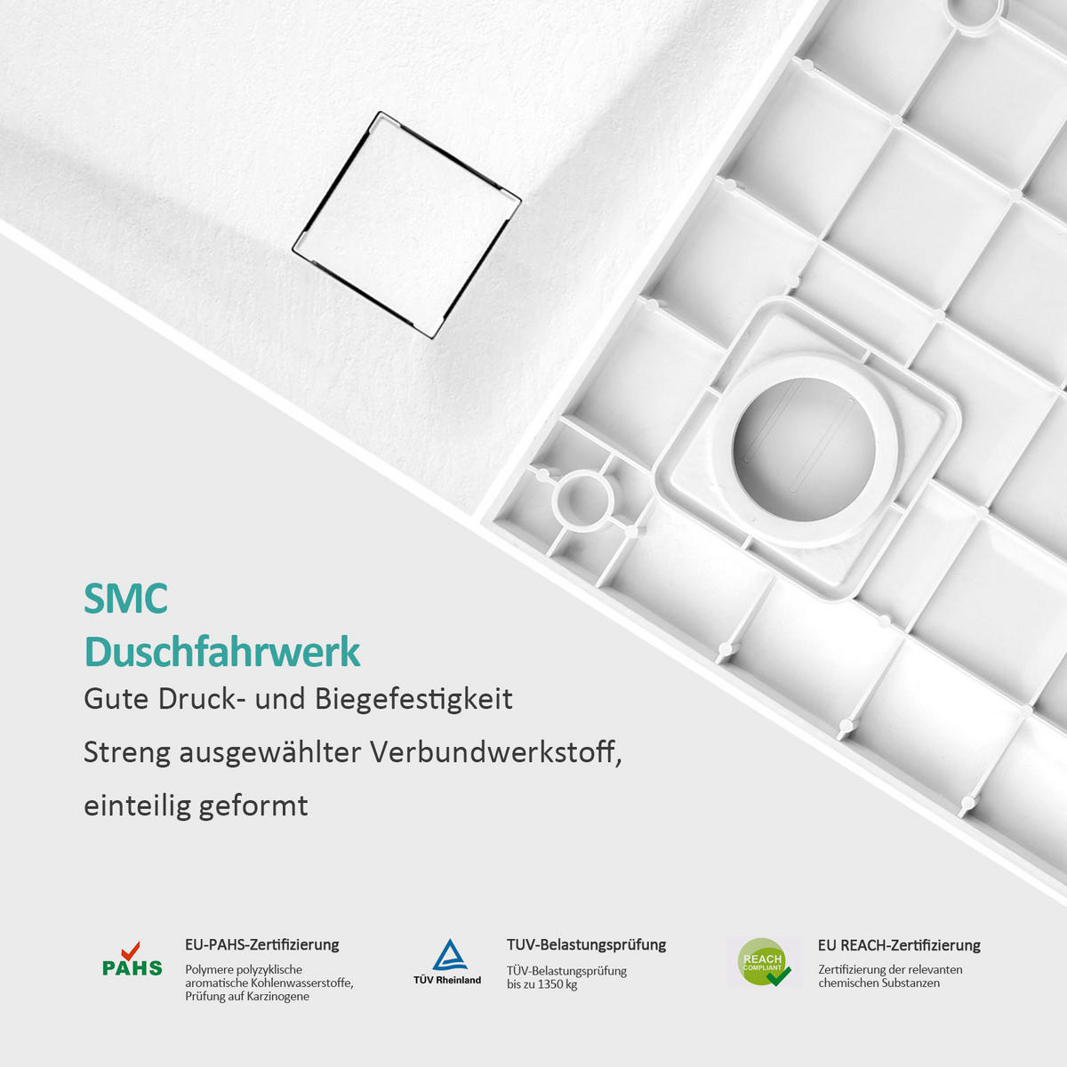DUSCHWANNE Viertelkreis mit rutschhemmender Oberfläche 90/90 cm, Weiß - Weiß, Naturmaterialien (90/2.6/90cm) - EMKE