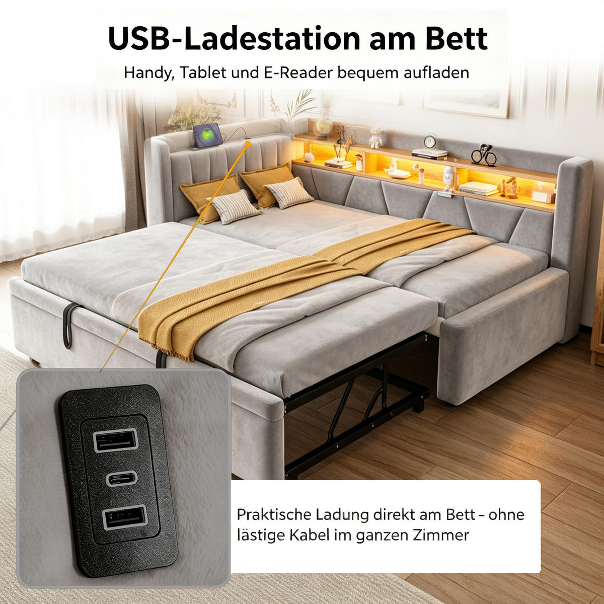 TAGESBETT 90x200/90x190 mit LED, USB/Stauraum, 3-in-1 Funktion, Samt, Grau - Grau, Holz (90/200cm) - LVHOM