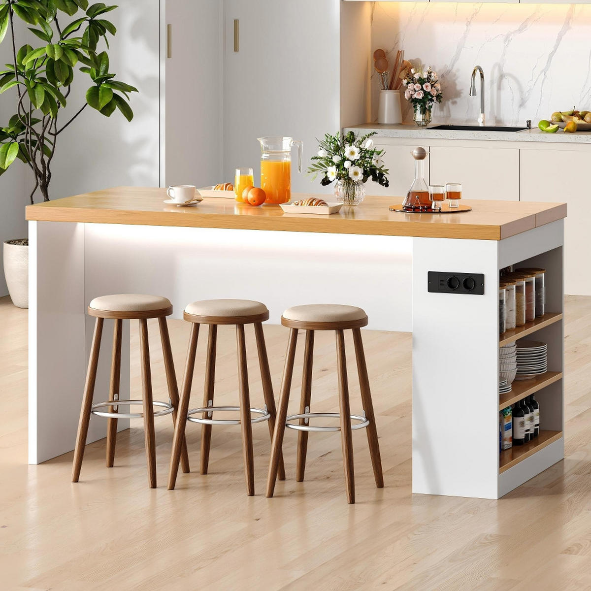 KÜCHENINSEL mit LED, 40mm Arbeitsplatte, Steckdose & USB, 3 Ablagen, 155/80/90 cm - Weiß, Kunststoff (80/90/155cm) - Rolipo
