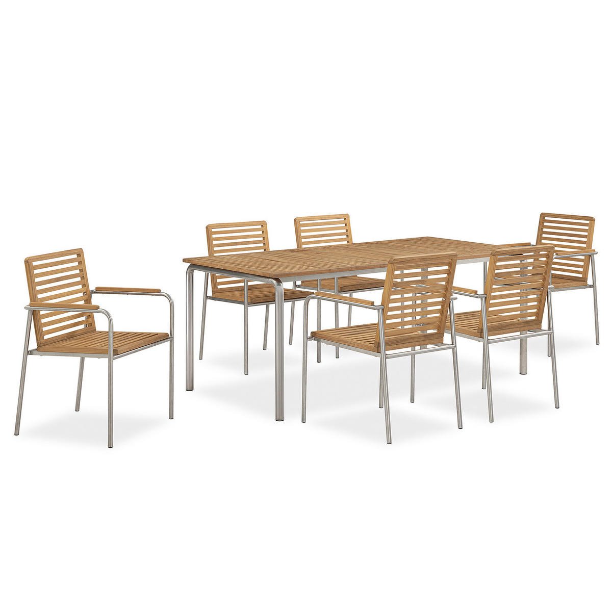 GARTENESSGRUPPE - 7-teilig - Teak massiv / Edelstahl - Teak / Silber - Teakfarben, Holz/Metall - home24