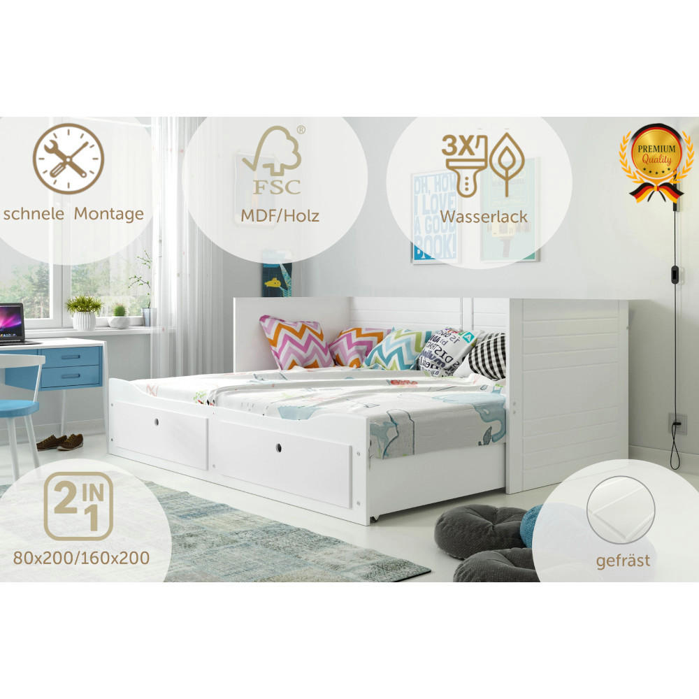 TAGESBETT Hermes 200x80/160cm Weiß mit Lattenrost und Schubladen - Weiß, Holzwerkstoff (160/200cm) - Interbeds