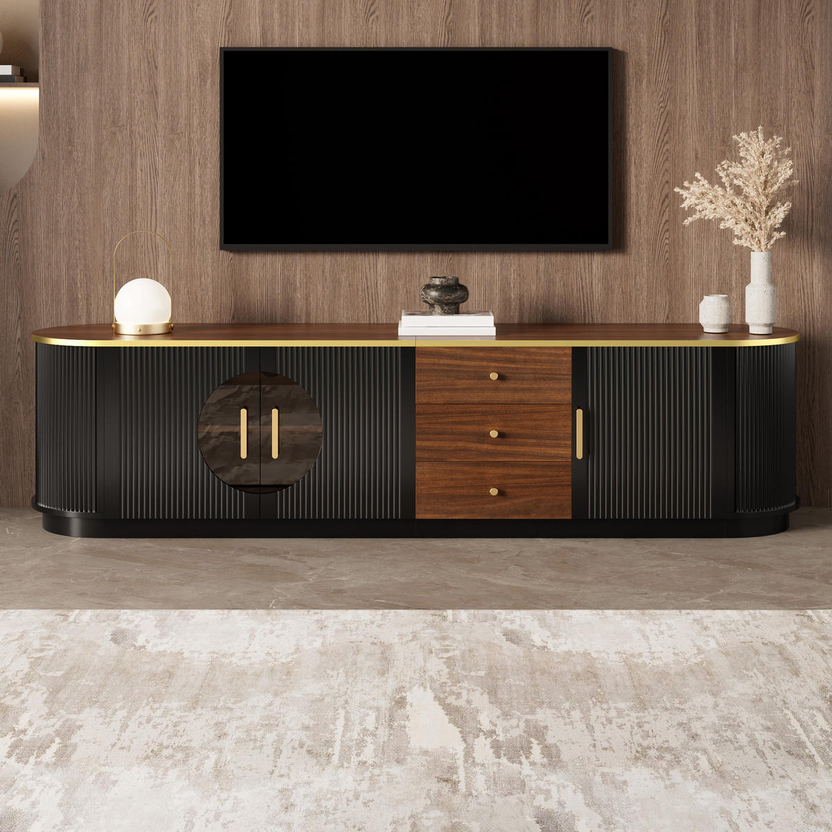 TV-SCHRANK Lowboard MDF Rillenoptik Braun - Schwarz, Holzwerkstoff (180/46/40cm) - FLIEKS
