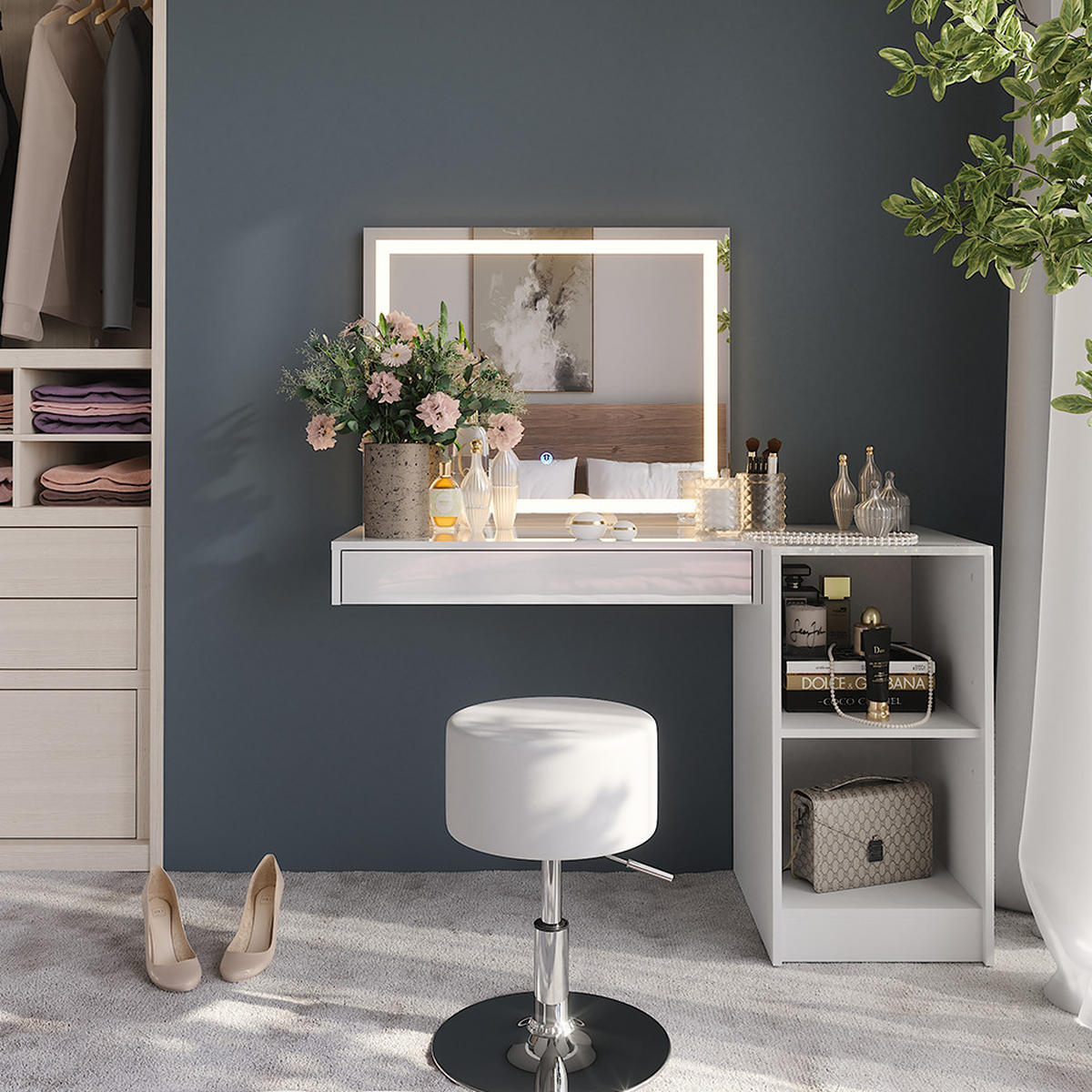 SCHMINKTISCH Sherry Weiß/Weiß Hochglanz 120 cm 4 Teile - Weiß Hochglanz, Holzwerkstoff (120/76/50.1cm) - Vicco