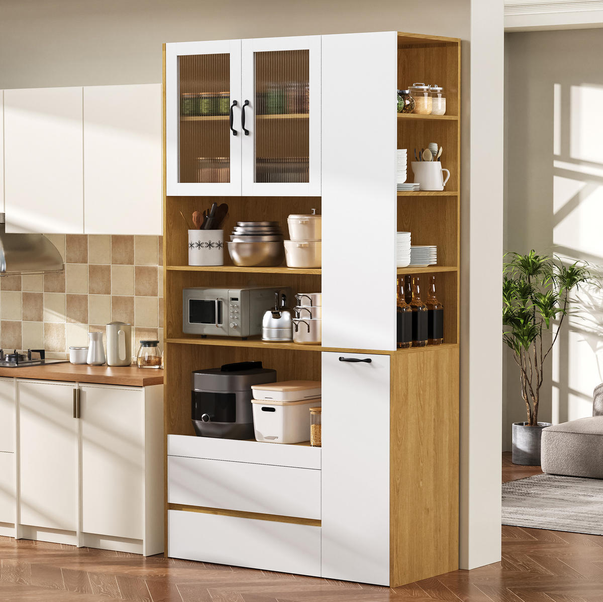 HIGHBOARD 100/200/40 cm Weiß/Natur aus MDF mit Riffelglas - Weiß, Holzwerkstoff (40/200/100cm) - OKMYHOME