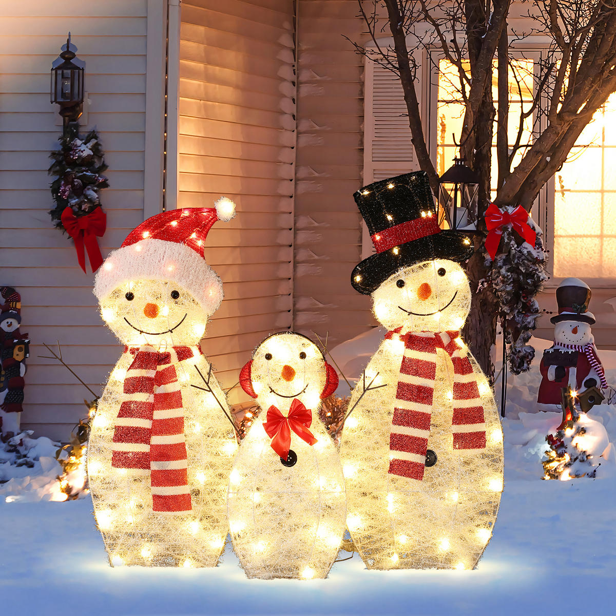 LED-SCHNEEMANN-FAMILIE (3er-Set), IP44 für Innen/Außen | Warmweiß - Weiß, Textil (159/79/20cm) - Hometopia