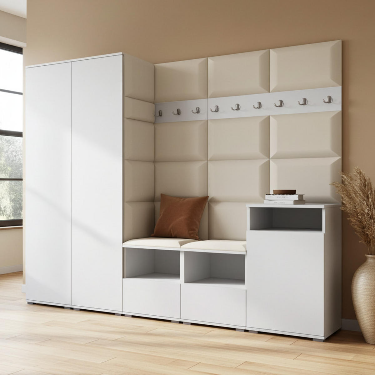 GARDEROBE NELA VIII 250 cm (Modulare Flurmöbel Weiß mit Sitzpolster Creme 01 2 Schränke + Sidelboard) - Silberfarben/Creme, Holz/Holzwerkstoff (250/187/40cm) - Ravio