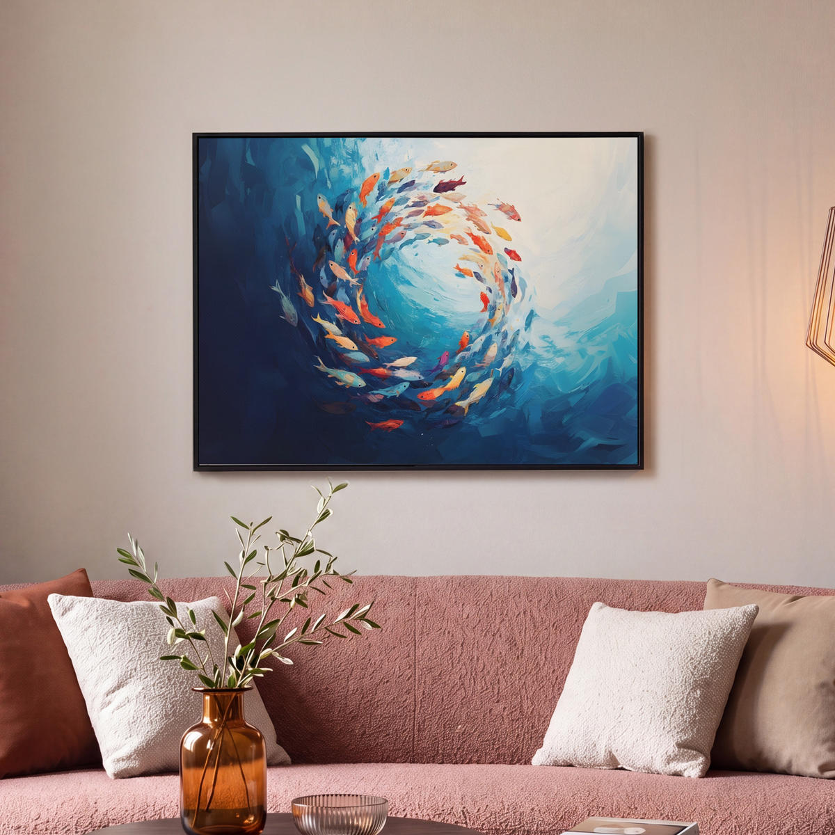 LEINWAND Bilder mit Rahmen - Meer - Fische - Bunt - Dynamisch - 80x60 - Hellblau, Textil (80/60cm) - MuchoWow