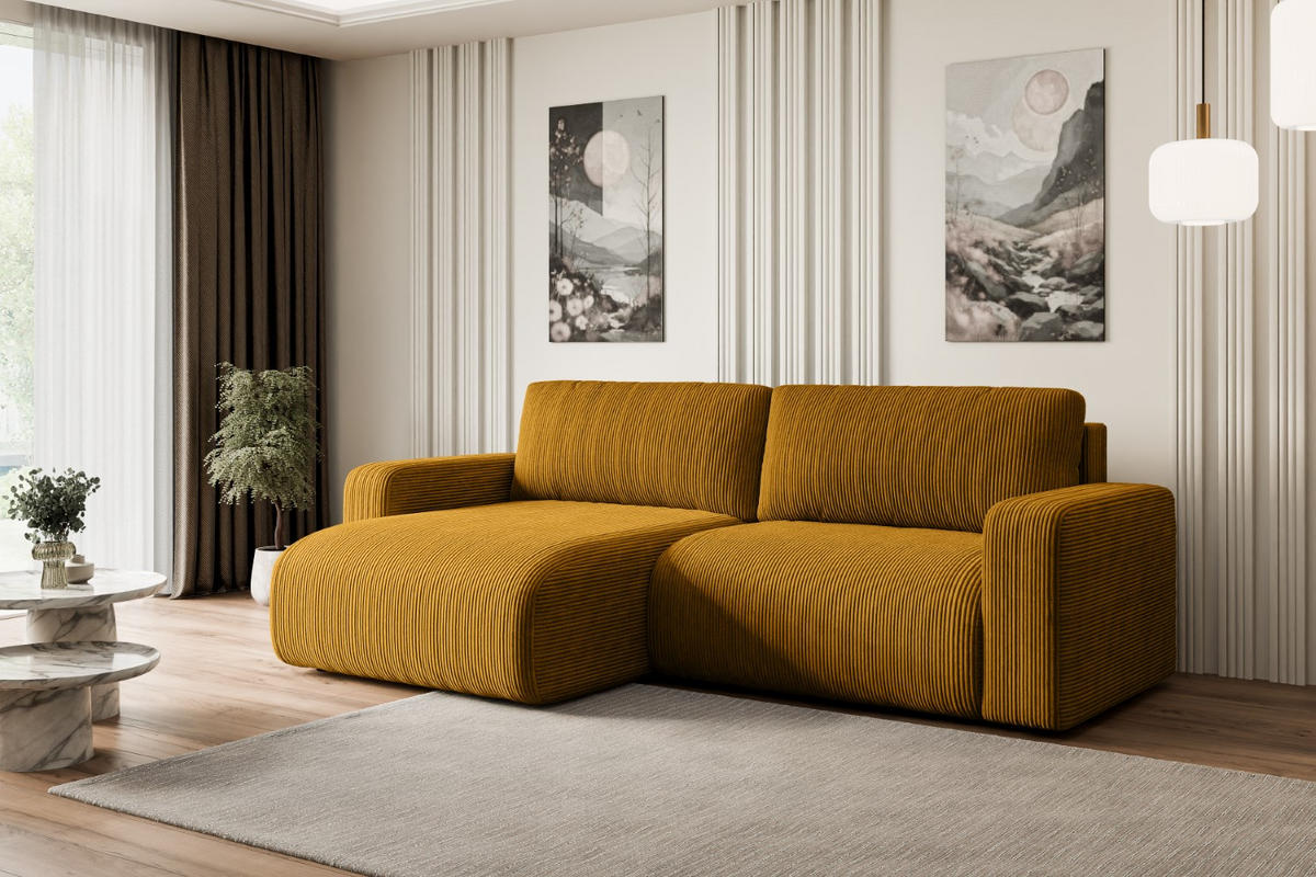 ECKSOFA mit Schlaffunktion und Bettkasten KLEEA-L - 247x143x83 cm Senfgelb Cord - Gelb/Schwarz, Holzwerkstoff/Kunststoff (247/143cm) - ALTDECOR