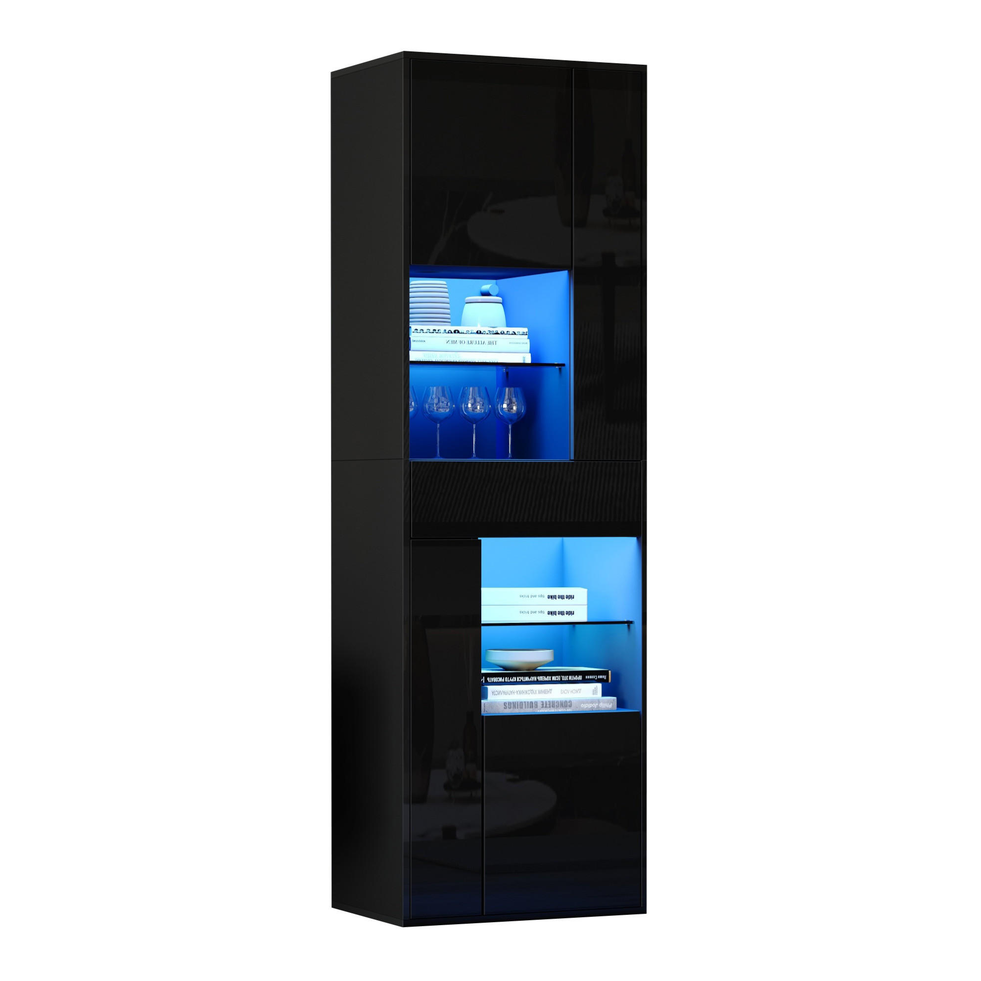 VITRINE aus Spanplatte und Glas 55x38x170 cm Schwarz mit LED-Beleuchtung, Schublade und 11 Ablageflächen - Schwarz, Holzwerkstoff (55/170/38cm) - IVMEU