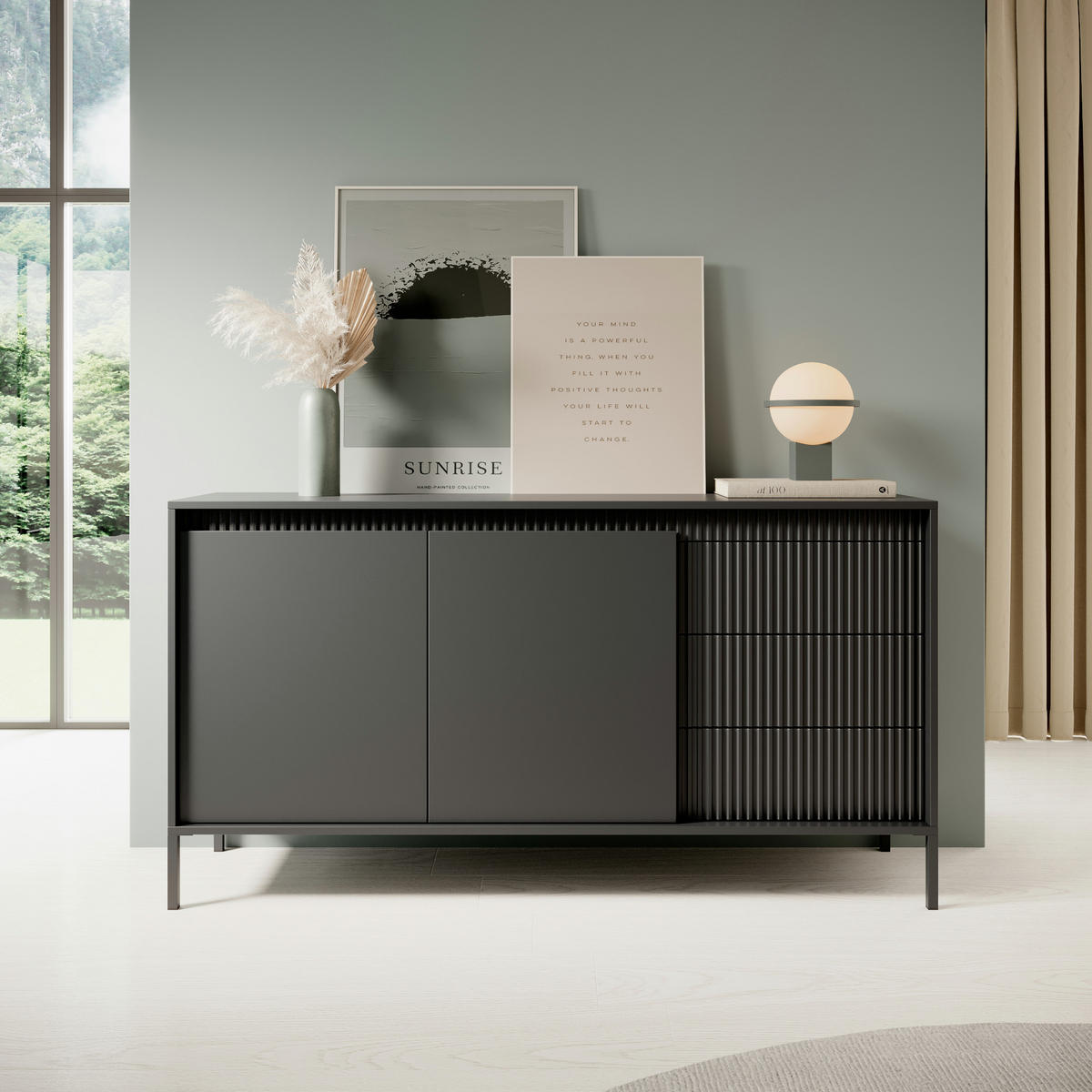 SIDEBOARD SELBU KOM2 Reliefierte Fronten aus MDF-Platte Schwarz Schwarz - Schwarz, Glas/Holzwerkstoff (154/82/40cm) - Komodee