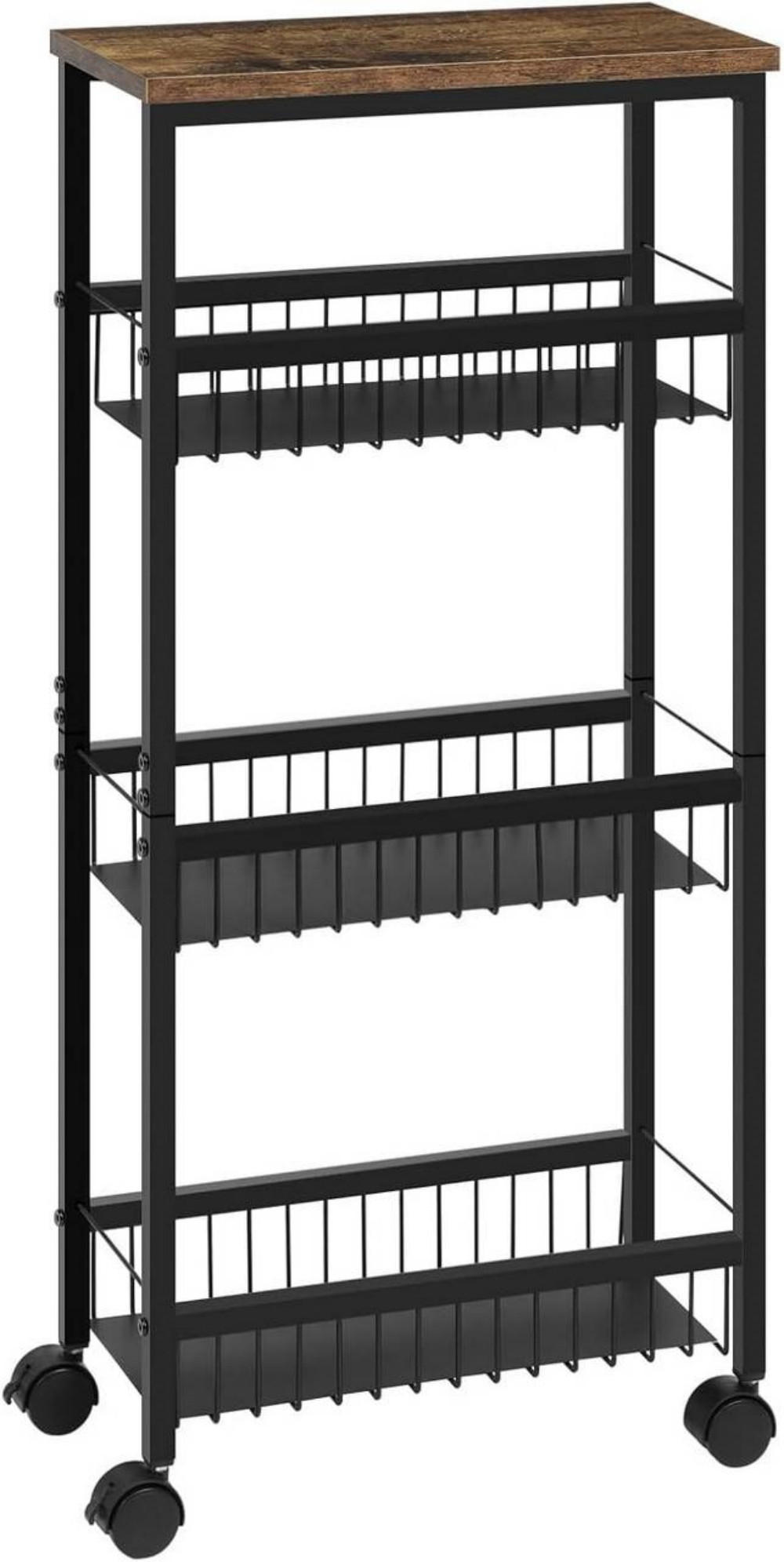 SERVIERWAGEN mit Arbeitsplatte, 3 Metallkörben, Schwarz - Dunkelbraun/Schwarz, Holzwerkstoff/Metall (40/87/20cm) - Woltu