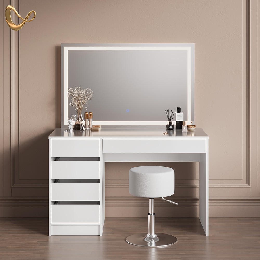 SCHMINKTISCH Imola Weiß mit LED-Spiegel und Hocker - Weiß, Holzwerkstoff (120/75/55cm) - Livinity®