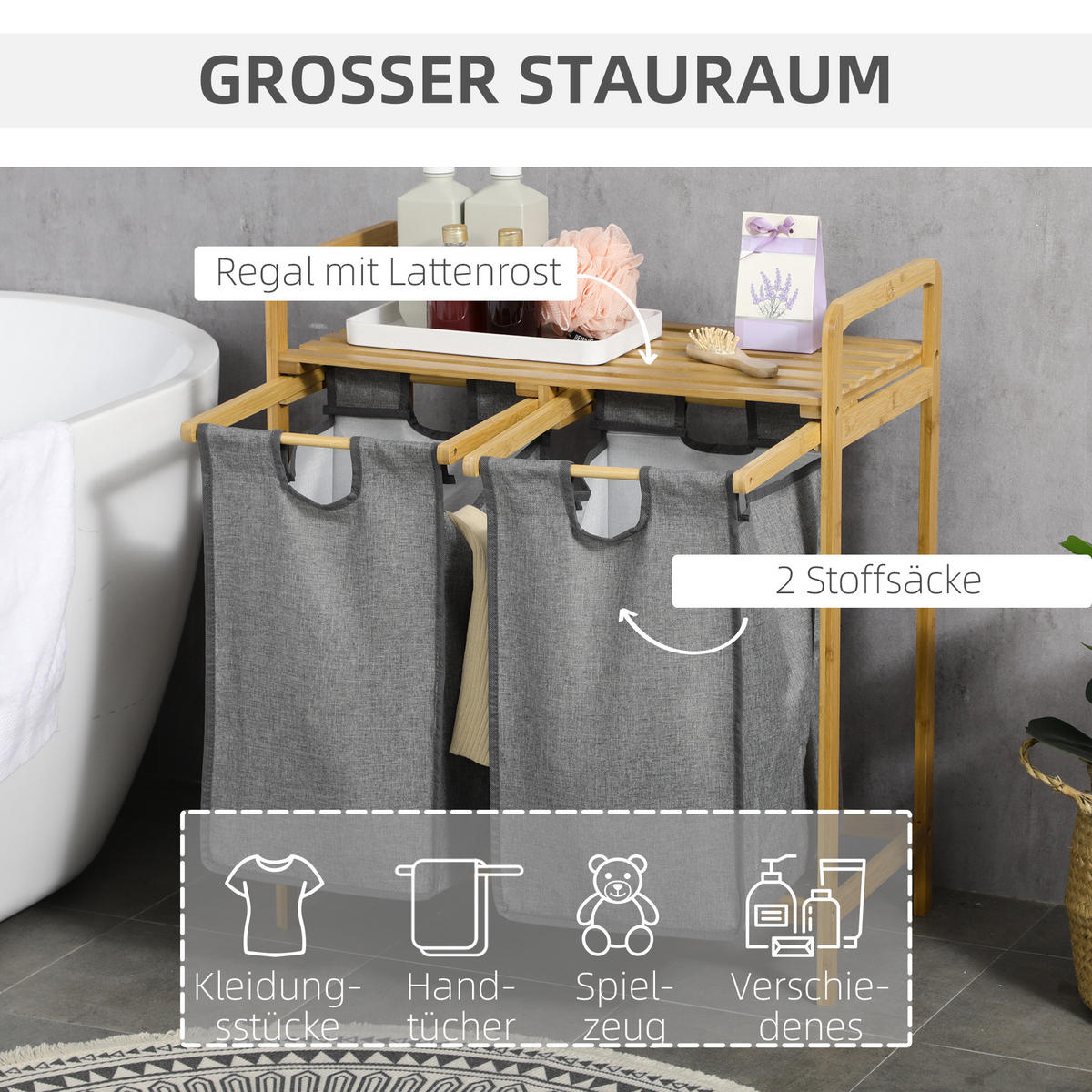 WÄSCHEKORB Bambus Polyester Grau - Grau, Naturmaterialien (33/73/63.5cm) - HOMCOM