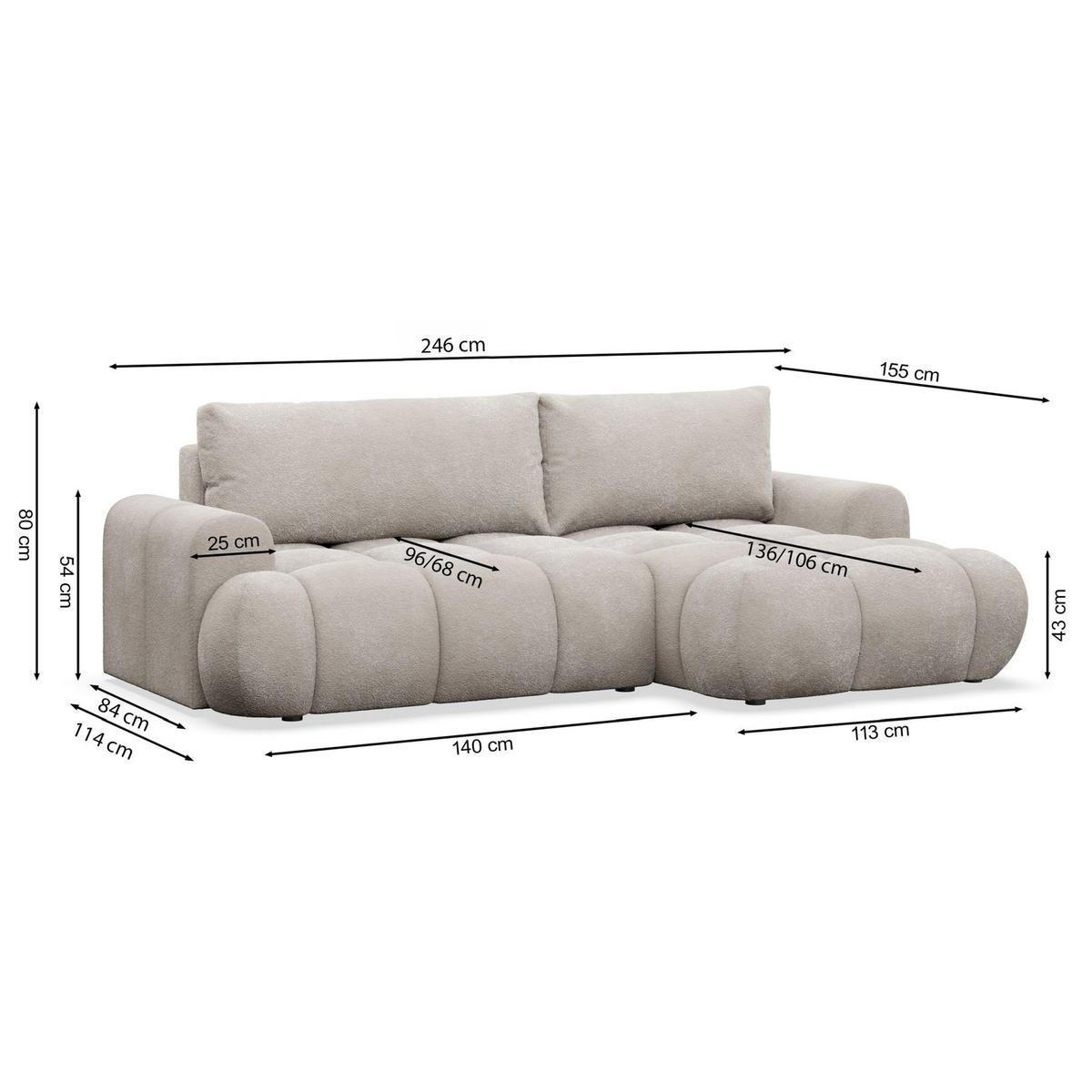 ECKSOFA Ombo Mini, Graubeige Bouclé, rechtsseitig - Taupe/Schwarz, Kunststoff/Textil (155/246cm) - Selsey