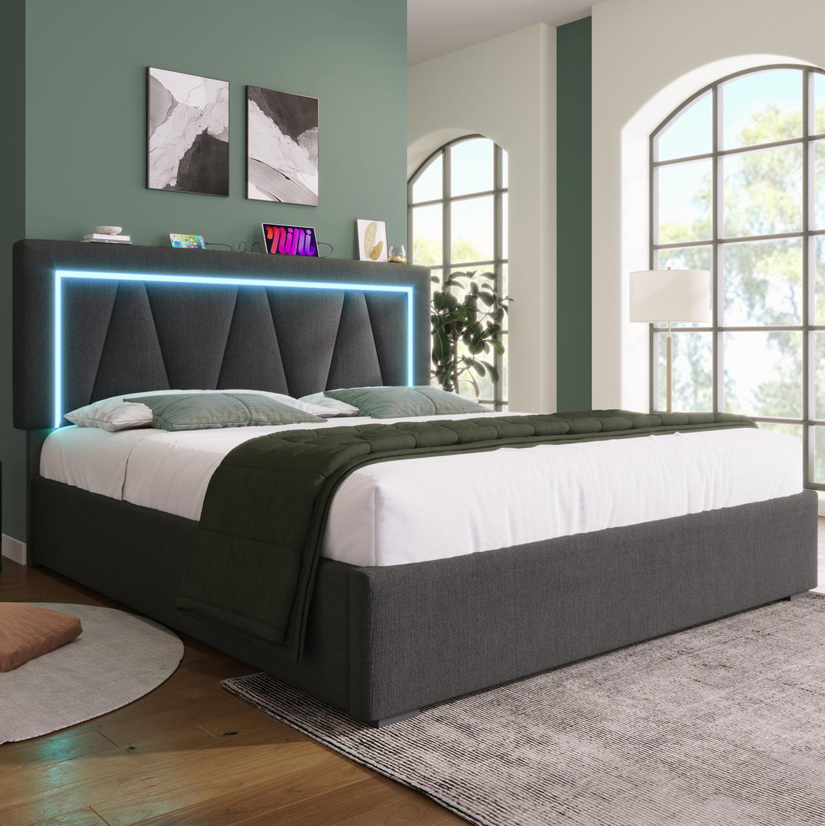 ČALÚNENÁ posteľ 160/200 cm s LED osvetlením, USB a nastaviteľným čelom, úložný priestor, Sivá/Béžová - sivá, textil (160/200cm) - Redom