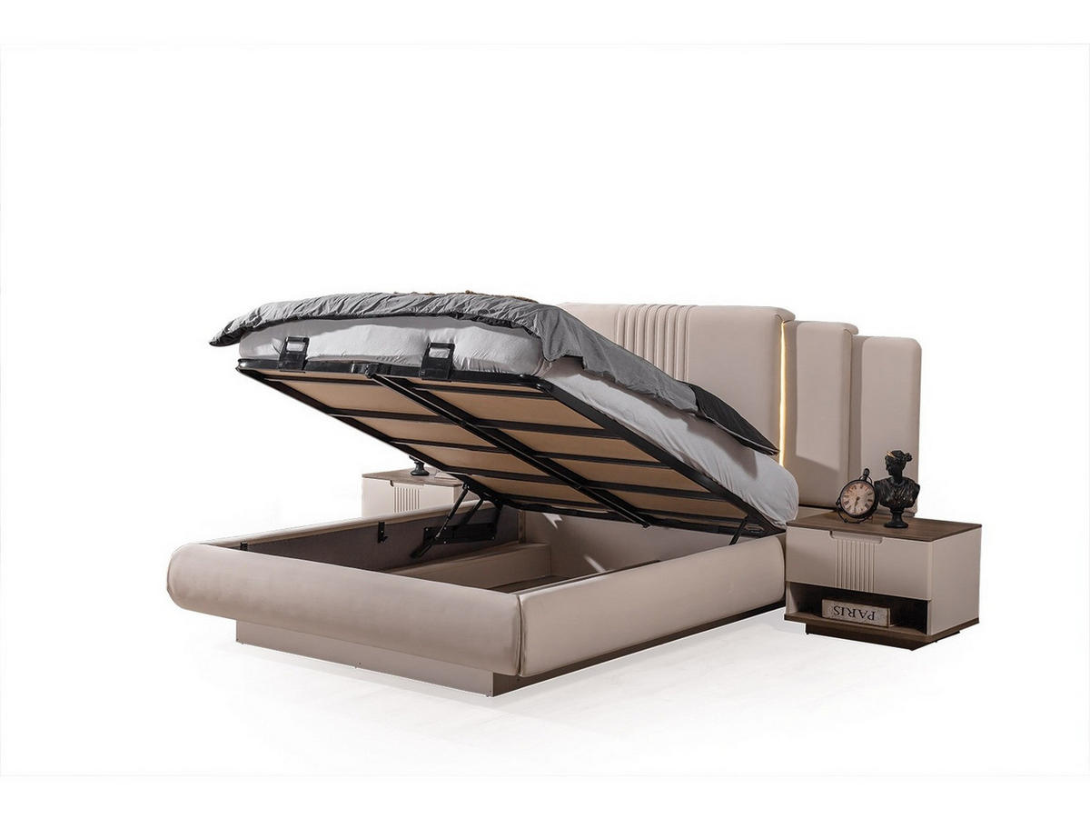 BETTANLAGE SANTO Schlafzimmer-Set, 4-teilig, Beige, Bett mit Kopfteil, 2 Nachttische und Kommode - Beige, Leder/Holzwerkstoff (160/200cm) - Villa Möbel