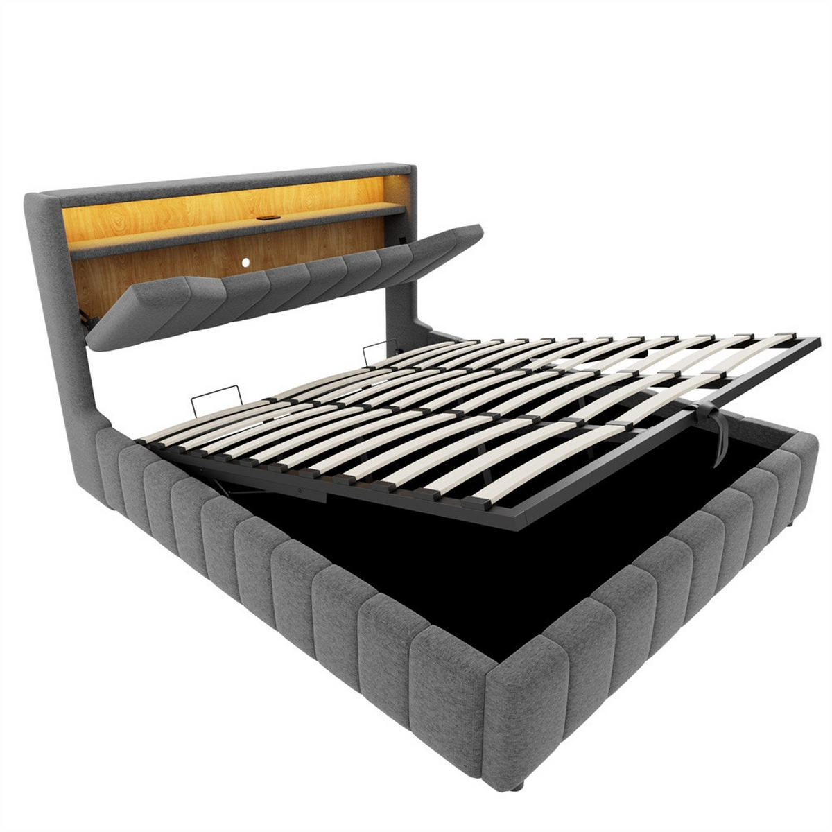 POLSTERBETT 180x200 cm mit hydraulischem Stauraum - klappbarem Kopfteil, LED & USB - Grau - ohne Matratze - Grau, Textil (180/200cm) - DELFA