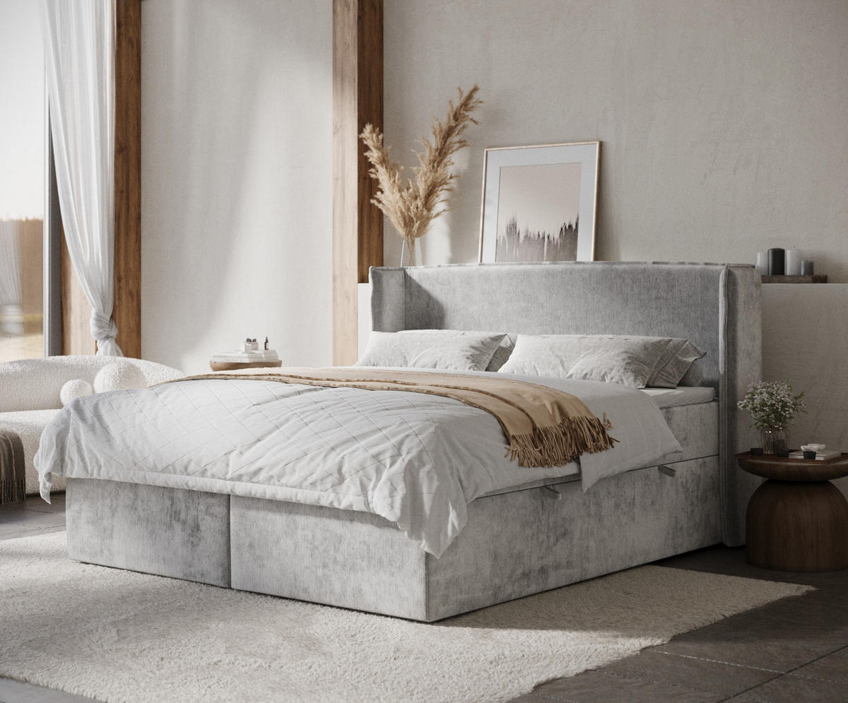 BOXBETT Skyline Hellgrau 200/200 cm mit Matratze und Topper - Schwarz/Grau, Holz/Holzwerkstoff (200/200cm) - Maison de Reve